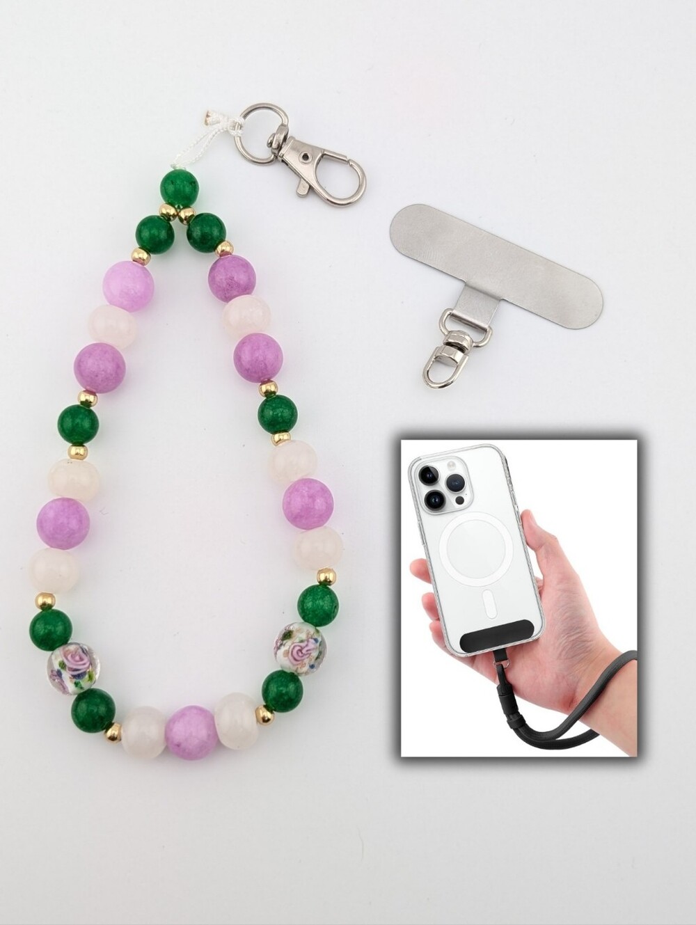 NWT Phone Lanyard Key Chain Bracelet Wrist Strap Green Pink White And Rose Beads
